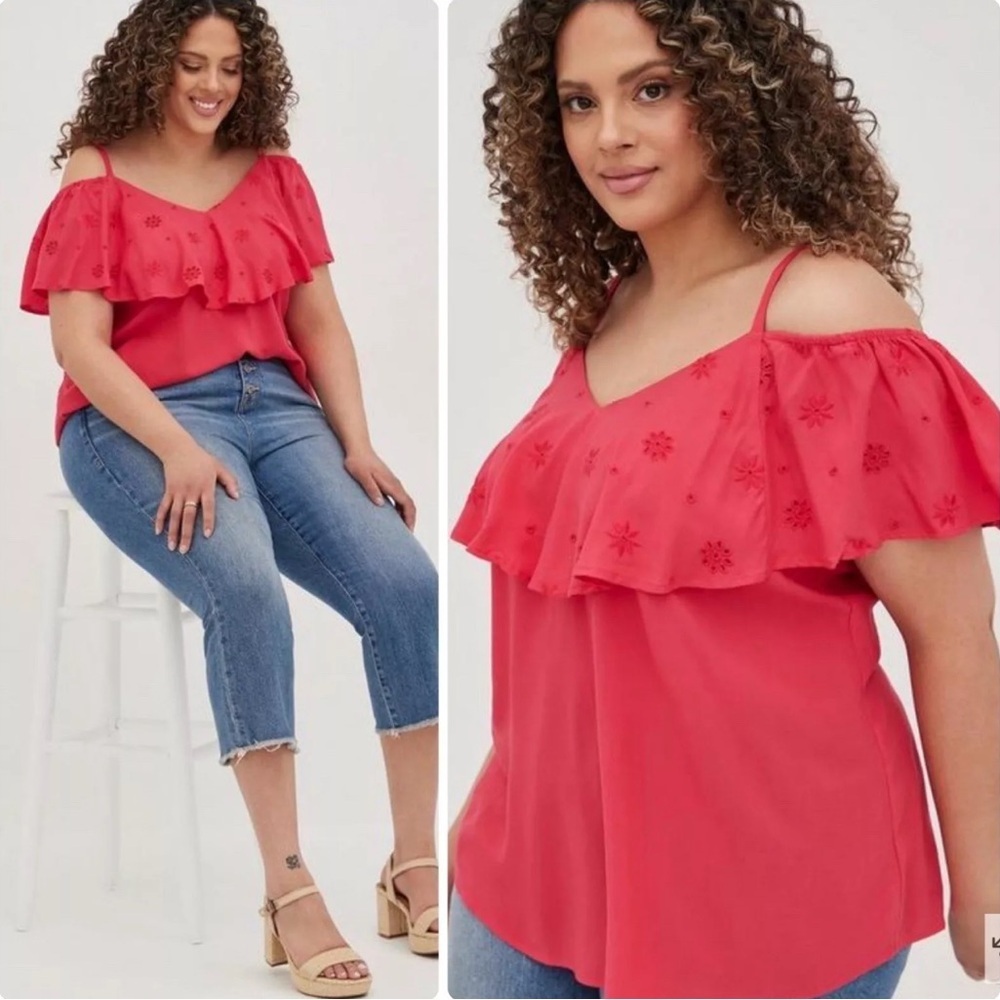 3/$22🩶 TORRID Challis Embroidered Cold Shoulder Top Size 1X 1 14 16 Pink Boho